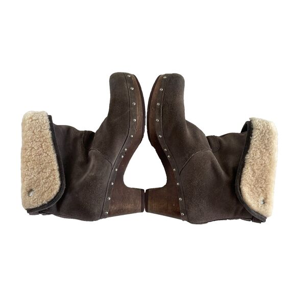 UGG Lynnea Wood Clog High Heel Boot Womens 8 Brown Upper Leather - Picture 2 of 13
